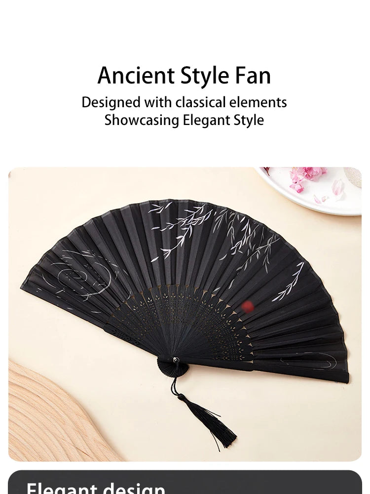 Retro Bamboo Folding Hand Fan - Black