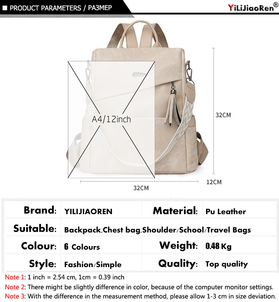Women's PU Leather Backpack - Large Capacity Fashion Daypack with Tassel