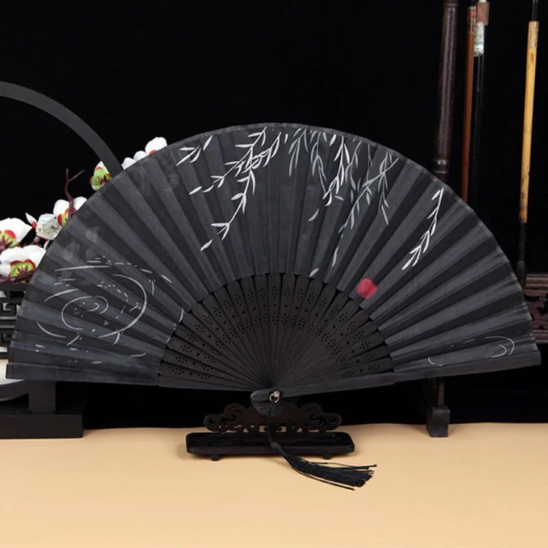 Retro Bamboo Folding Hand Fan - Black