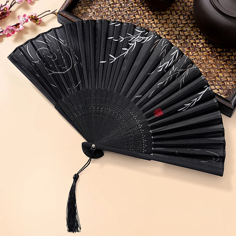 Retro Bamboo Folding Hand Fan - Black