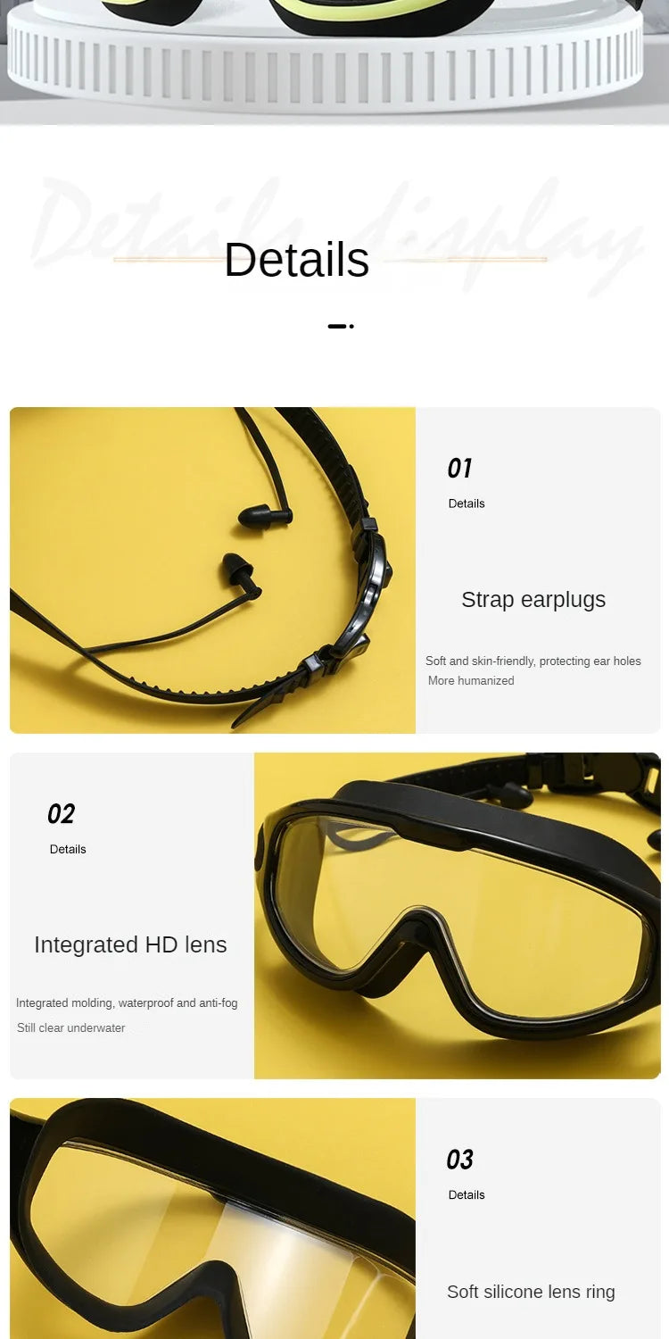 Big Frame Swimming Goggles Adults with Earplugs Swim Glasses Professional HD Anti-fog Goggles Silicone Eyewear Men Women