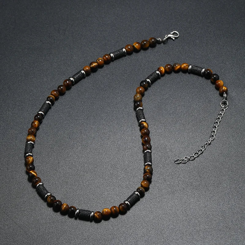 New Bohemian Men's Beaded Necklace Tiger Stone Natural Stone Fashion Trend Design Minimalist Necklace Commemorative Gift