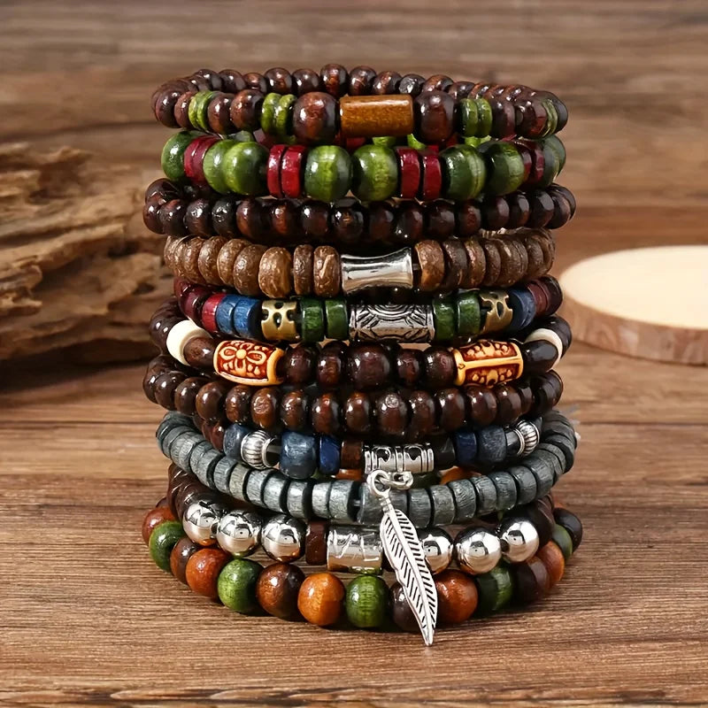 10-Piece Vintage Bohemian Wood Bracelet Set – Leaf Hot Stamp Wristwear for Men