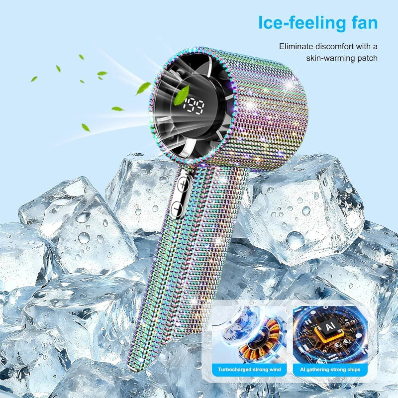 Elegant Diamond Glitter Handheld Fan with Long Battery Life
