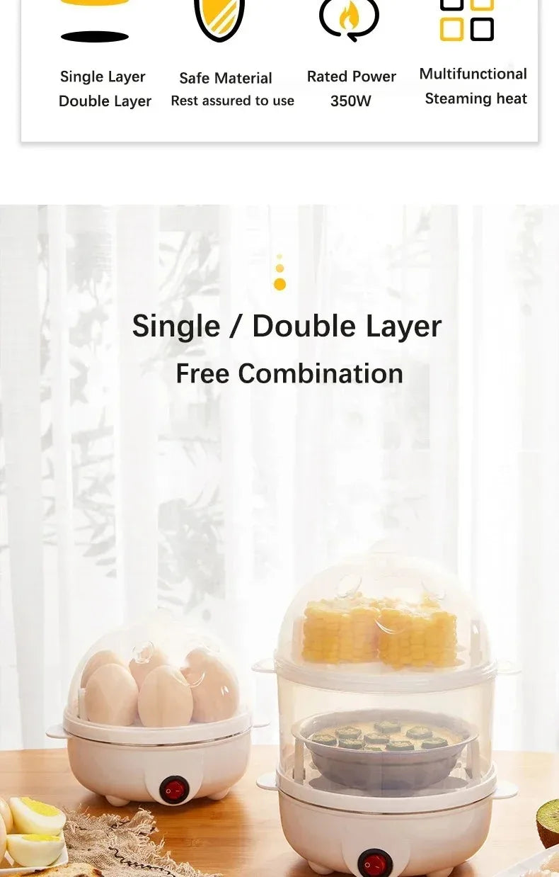 Electric Egg Cooker & Steamer | Single or Double Layer | 360° Rapid Steam | Mini Breakfast Machine