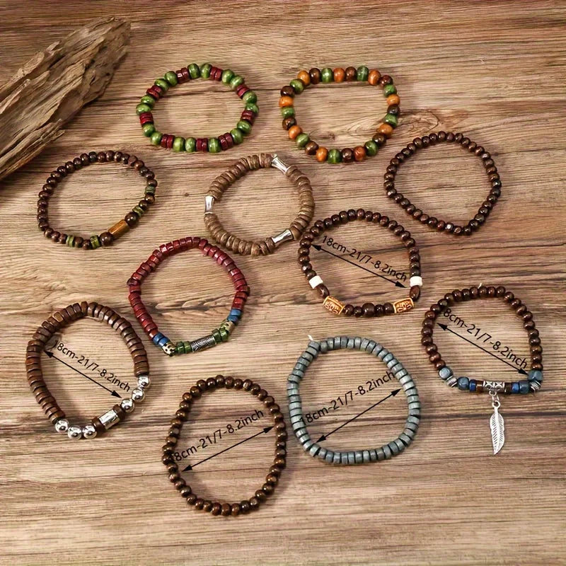 10-Piece Vintage Bohemian Wood Bracelet Set – Leaf Hot Stamp Wristwear for Men