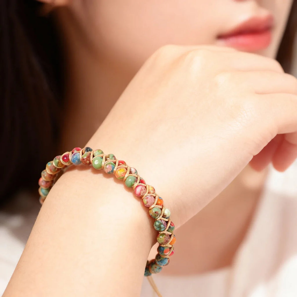 Bohemian Emperor Stone Wrap Bracelet – Braided Rope Natural Stone Bangle for Women