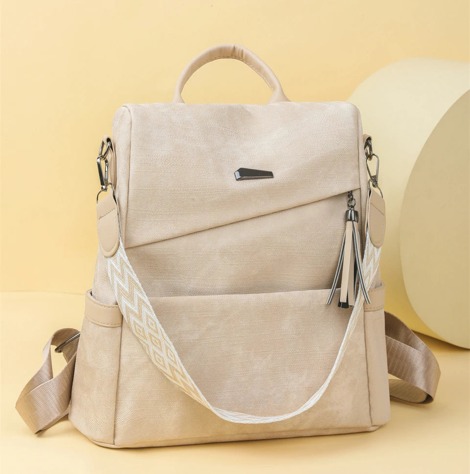 Women's PU Leather Backpack - Large Capacity Fashion Daypack with Tassel