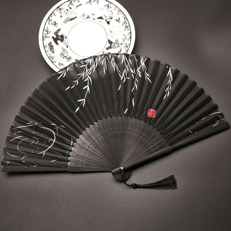 Retro Bamboo Folding Hand Fan - Black