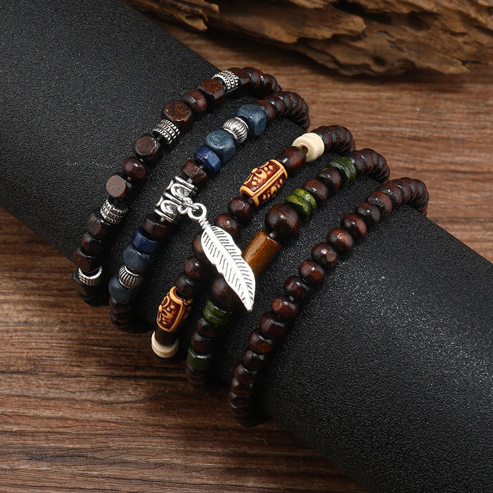 10-Piece Vintage Bohemian Wood Bracelet Set – Leaf Hot Stamp Wristwear for Men
