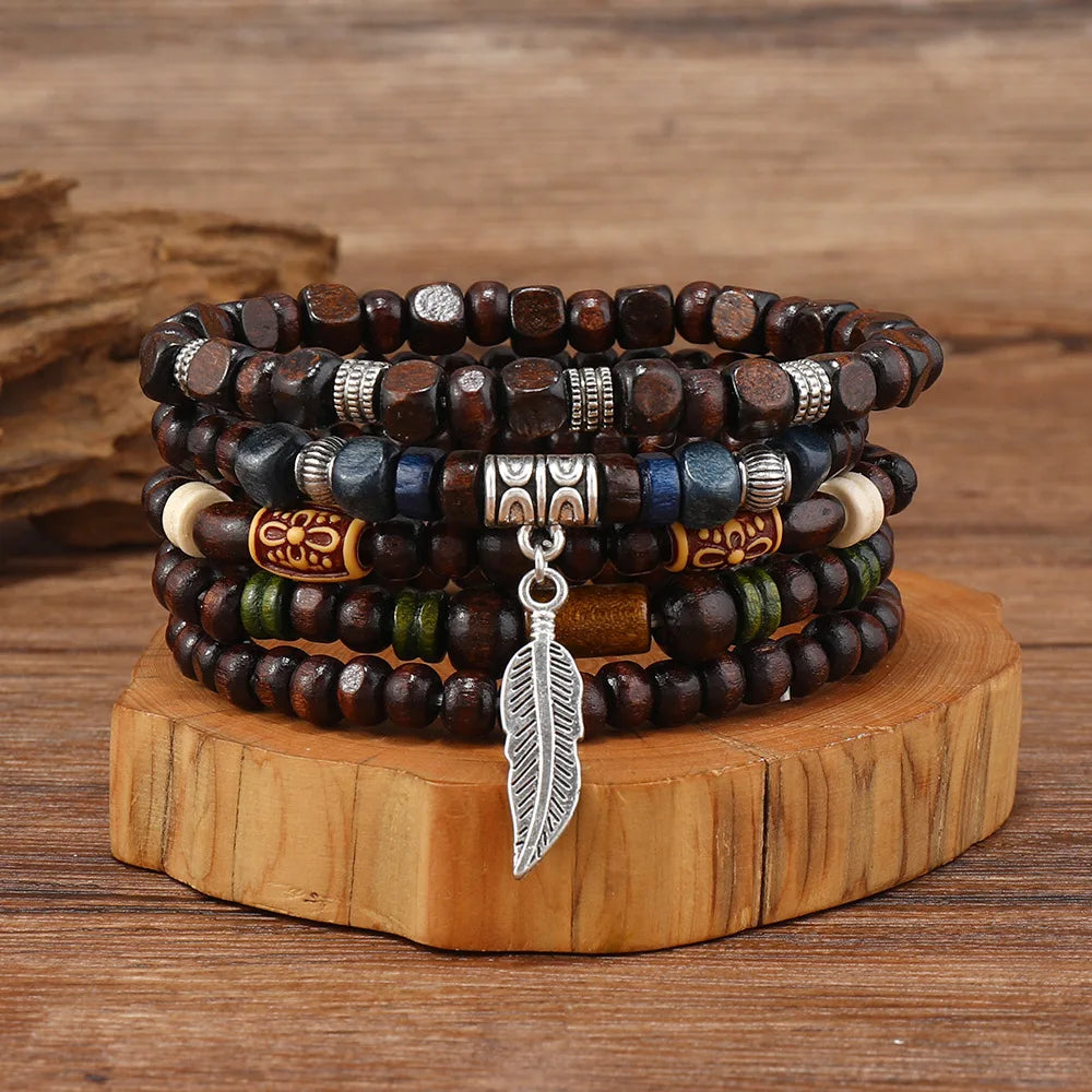 10-Piece Vintage Bohemian Wood Bracelet Set – Leaf Hot Stamp Wristwear for Men
