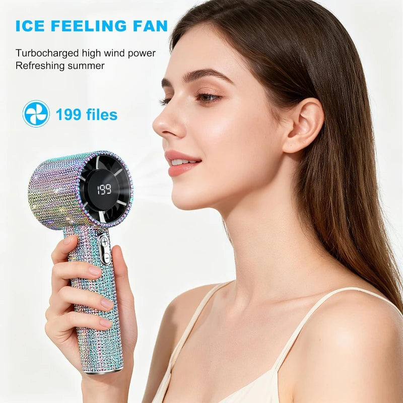 Elegant Diamond Glitter Handheld Fan with Long Battery Life