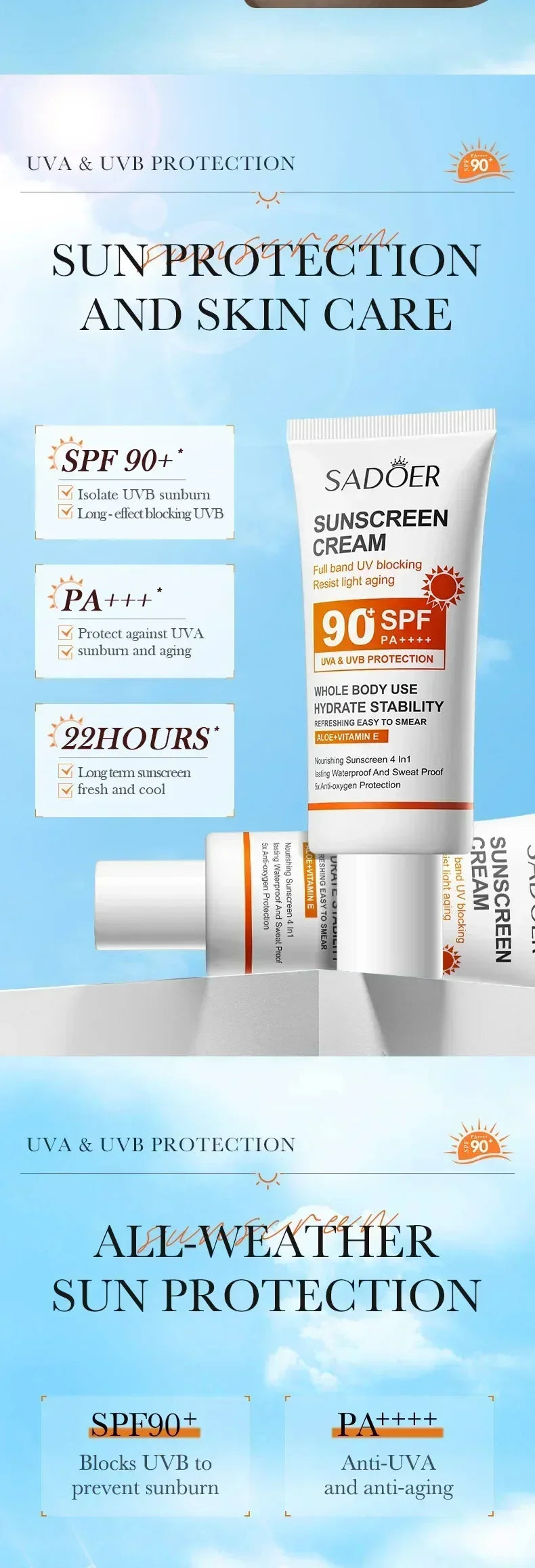 SPF90+ sunscreen, UV protection, whitening sunscreen, moisturizing, whitening, facial and body sunscreen, skin care, anti-aging