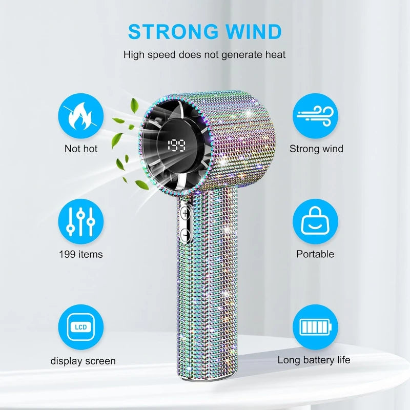 Elegant Diamond Glitter Handheld Fan with Long Battery Life