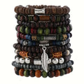 10-Piece Vintage Bohemian Wood Bracelet Set – Leaf Hot Stamp Wristwear for Men
