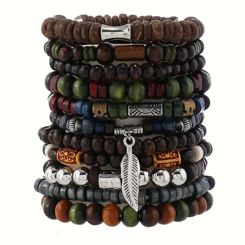 10-Piece Vintage Bohemian Wood Bracelet Set – Leaf Hot Stamp Wristwear for Men