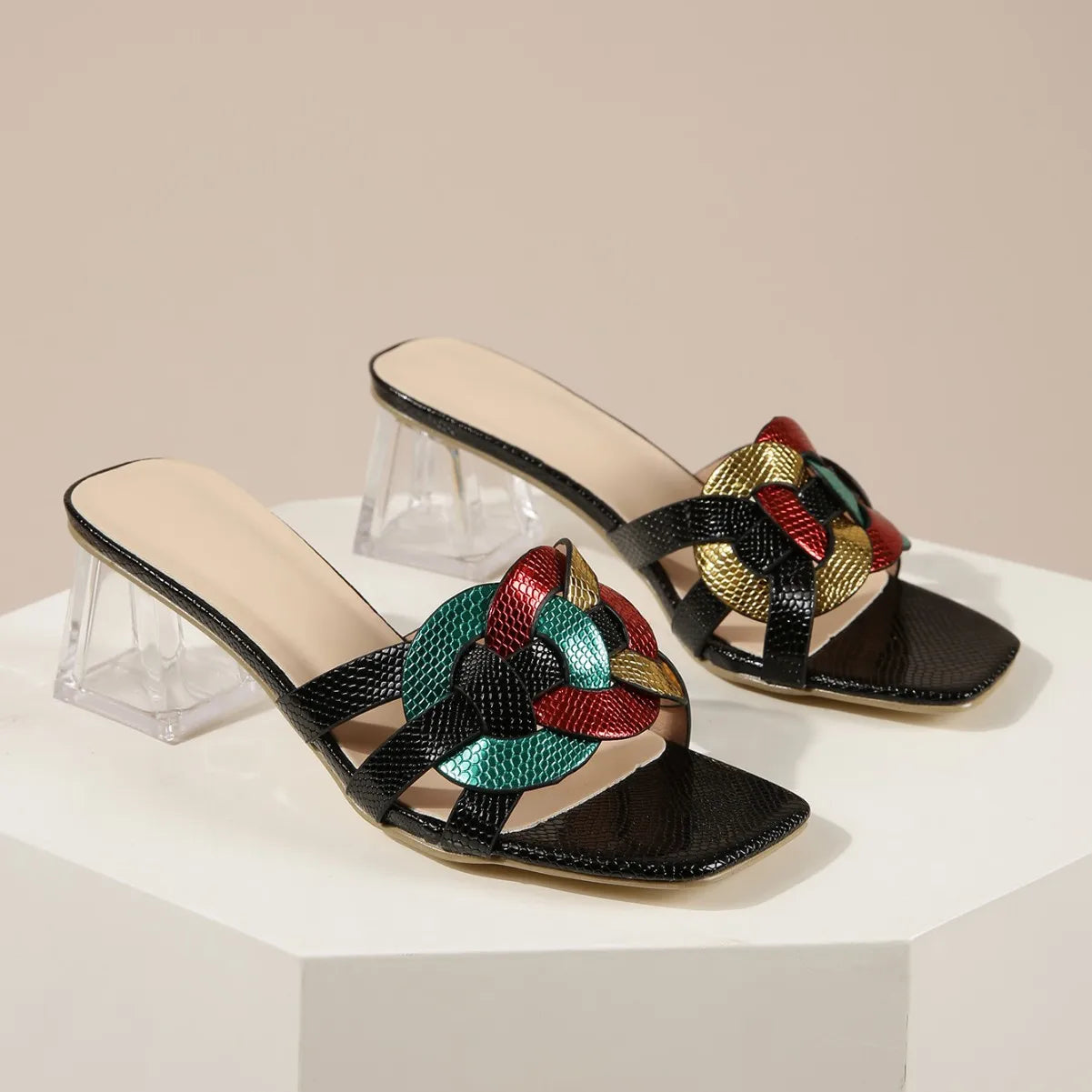 Women's Square Toe Mid-Heel Strappy Sandals