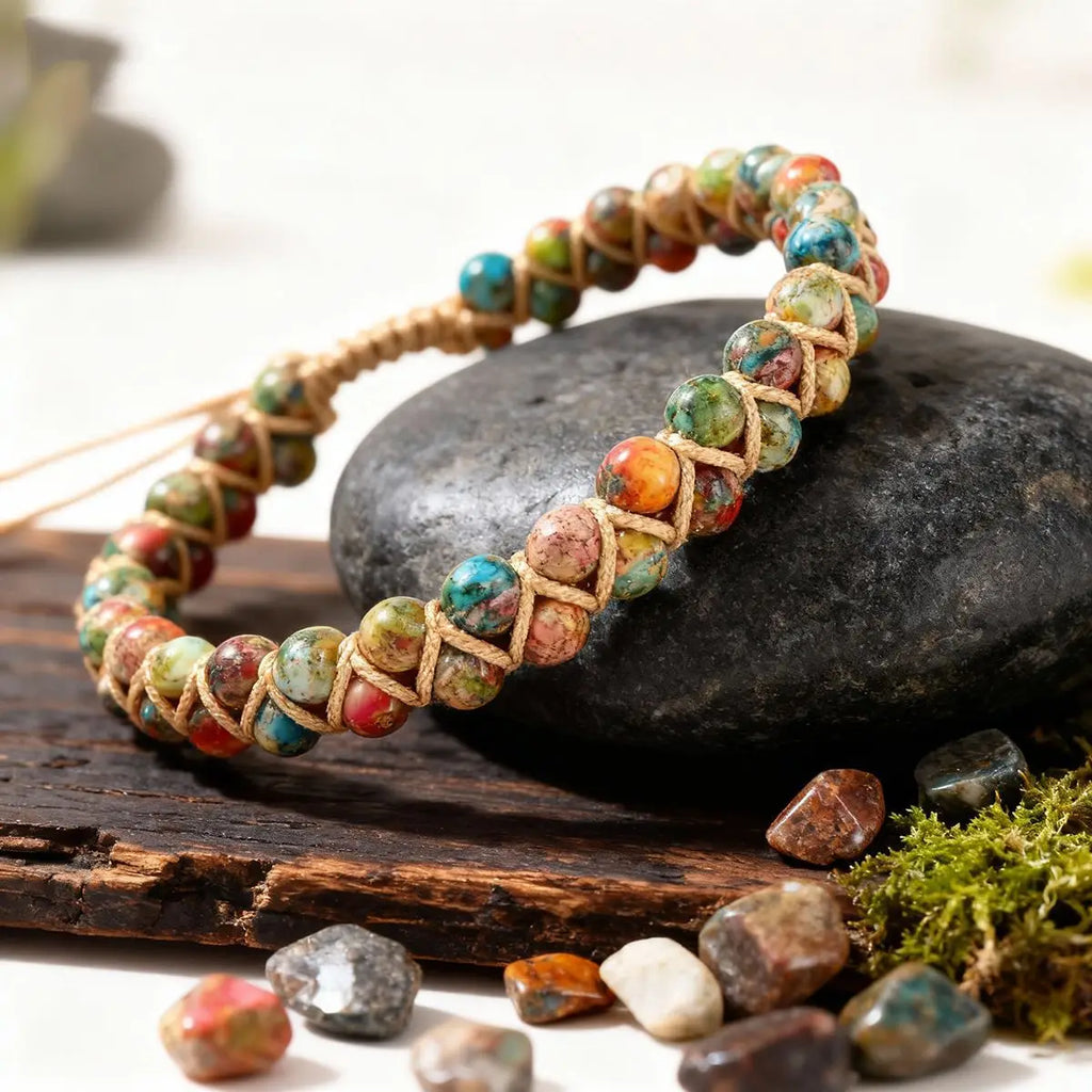 Bohemian Emperor Stone Wrap Bracelet – Braided Rope Natural Stone Bangle for Women