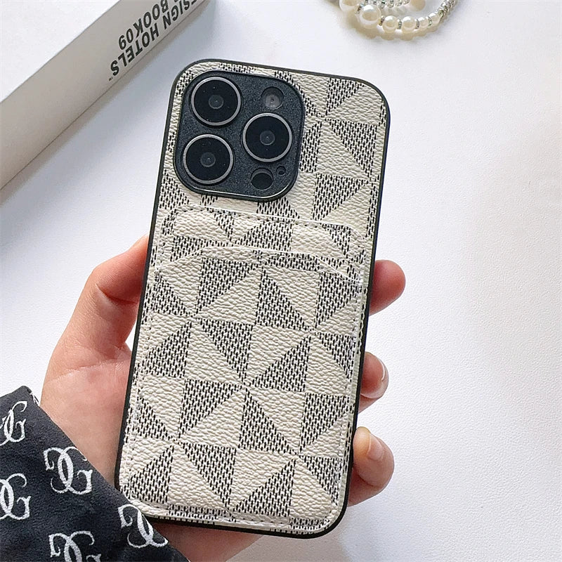 Luxury Triangular pattern Clip bag PU leather Case for iPhone 16 15 14 Phone Cover 13 12 11 Pro MAX Hard Shockproof Back Funda