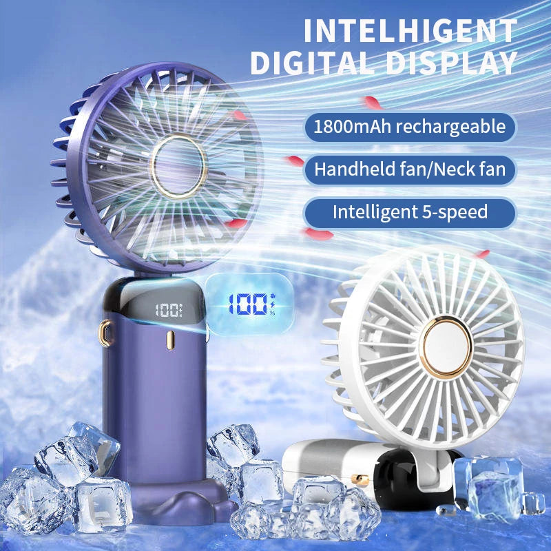 3-in-1 Neck Hanging & Handheld Fan with LED Display & Phone Stand