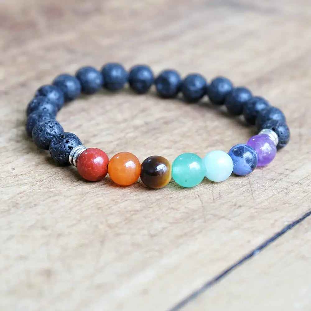Natural Stone Beaded Charm Bracelet — Lava, 7 Chakra, Labradorite, Ceramic & More | Unisex