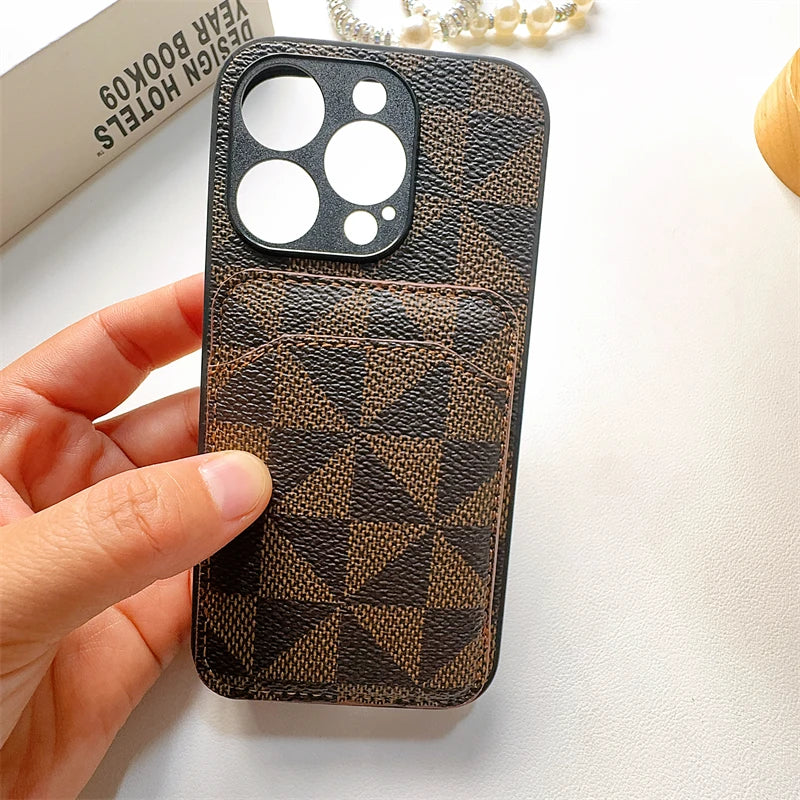 Luxury Triangular pattern Clip bag PU leather Case for iPhone 16 15 14 Phone Cover 13 12 11 Pro MAX Hard Shockproof Back Funda