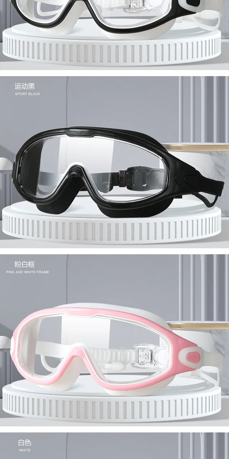 Big Frame Swimming Goggles Adults with Earplugs Swim Glasses Professional HD Anti-fog Goggles Silicone Eyewear Men Women