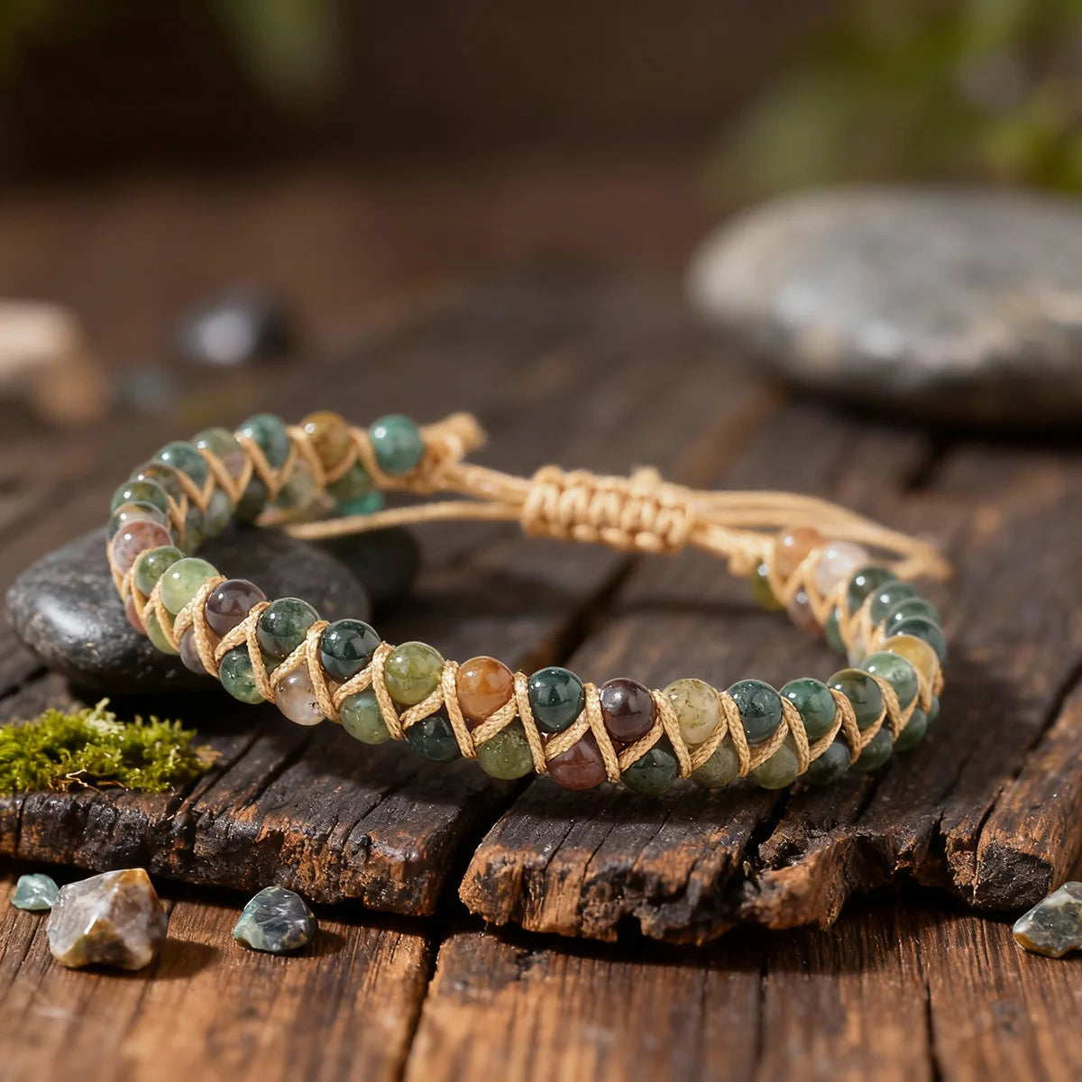 Bohemian Emperor Stone Wrap Bracelet – Braided Rope Natural Stone Bangle for Women
