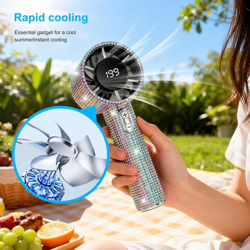 Elegant Diamond Glitter Handheld Fan with Long Battery Life