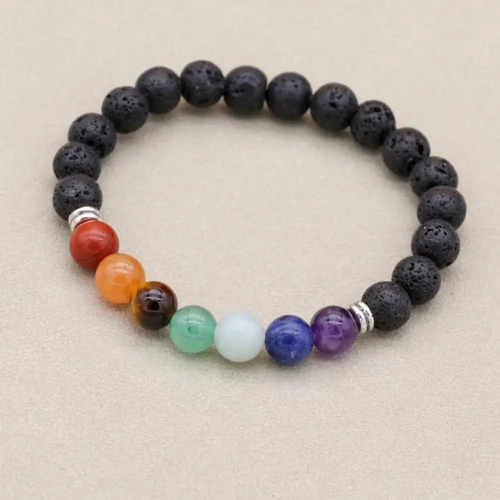 Natural Stone Beaded Charm Bracelet — Lava, 7 Chakra, Labradorite, Ceramic & More | Unisex